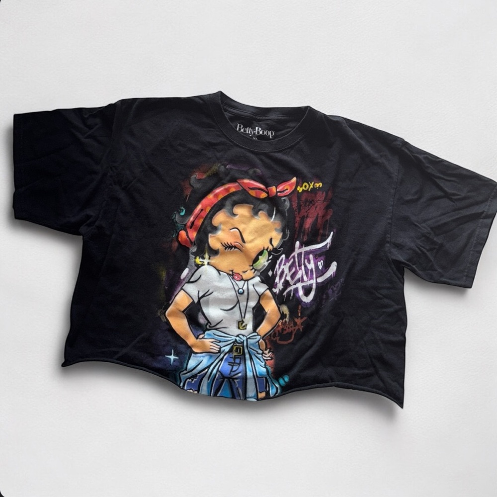 Betty Boop Black Cotton T-Shirt Cropped Loose Fit Size XL
